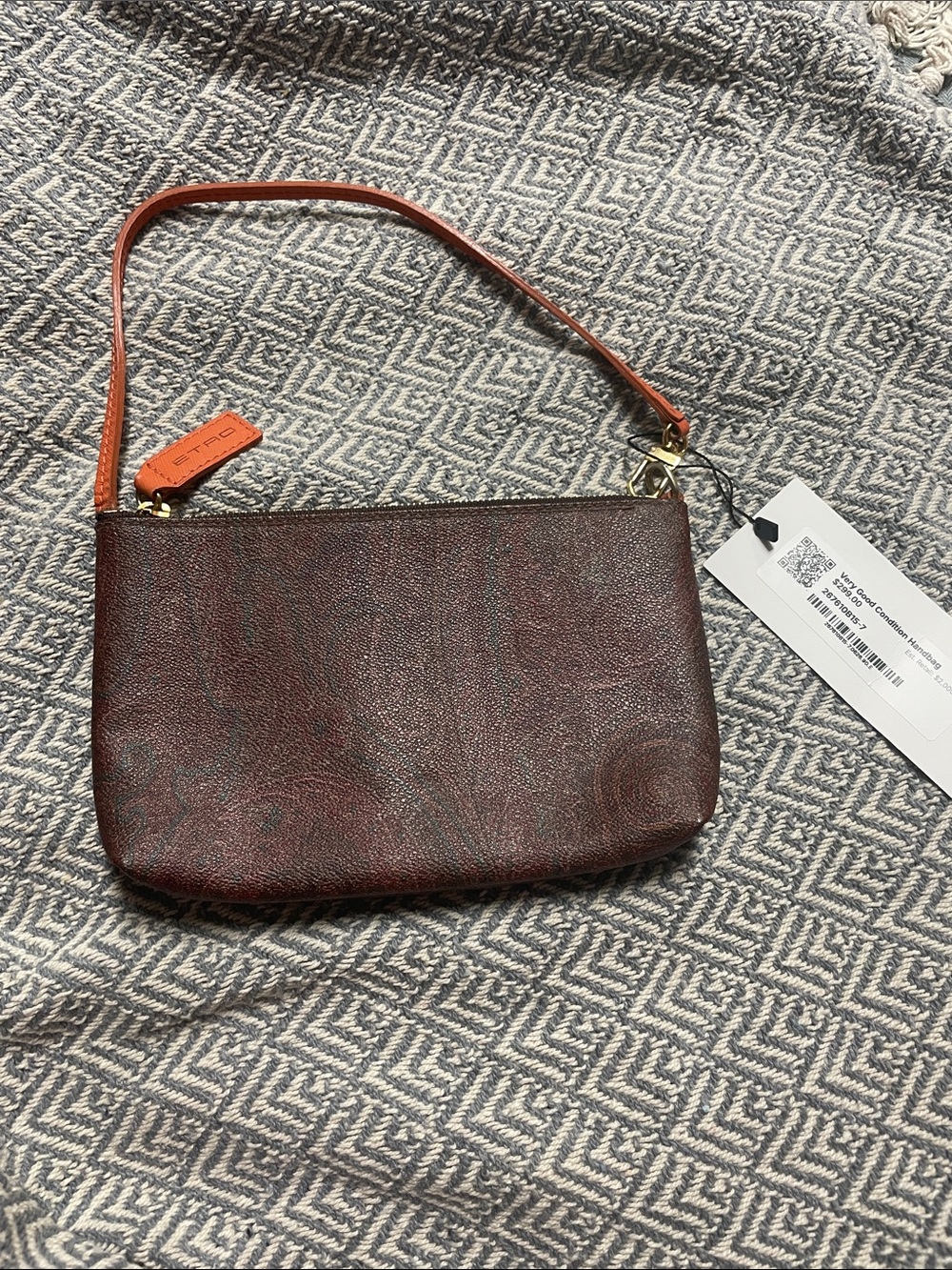 Etro Brown Leather Paisley Wristlet with Orange Strap